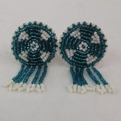 Vtg Handmade Bead And Leather Clip On Earrings Blue White