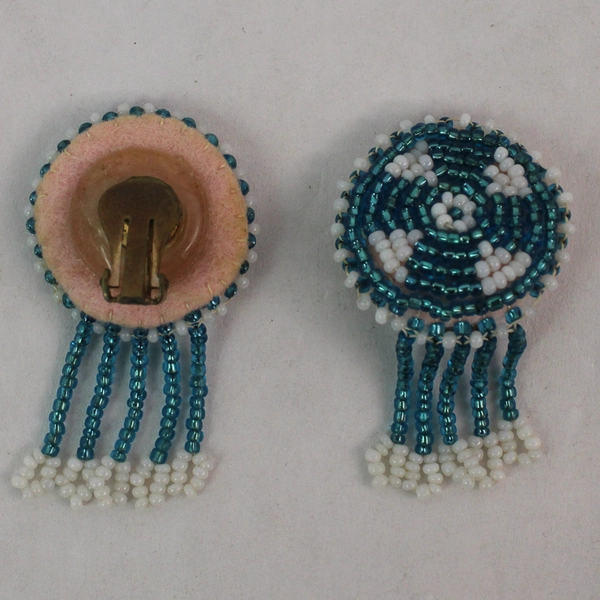 Vtg Handmade Bead And Leather Clip On Earrings Blue White