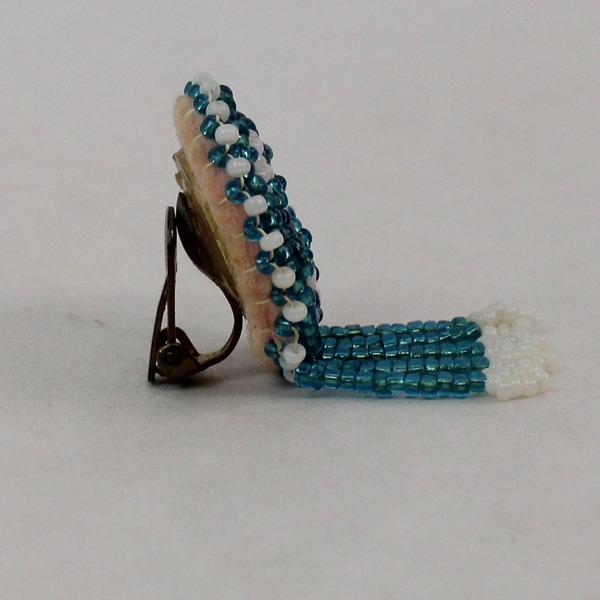 Vtg Handmade Bead And Leather Clip On Earrings Blue White