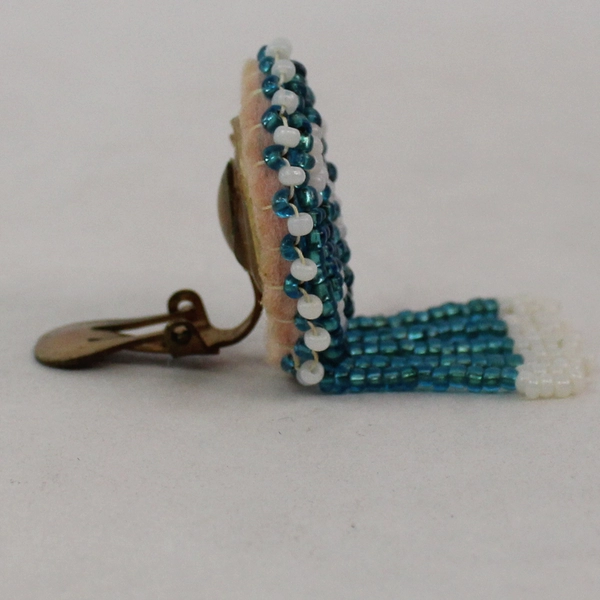Vtg Handmade Bead And Leather Clip On Earrings Blue White