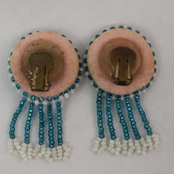 Vtg Handmade Bead And Leather Clip On Earrings Blue White