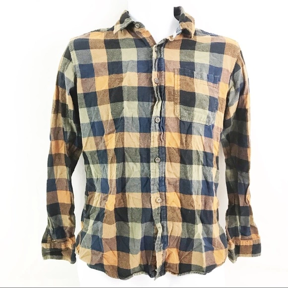 Ocean Current Men's Flannel Shirt S Brown Blue Plaid Cotton Button Up