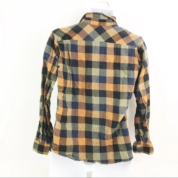 Ocean Current Men's Flannel Shirt S Brown Blue Plaid Cotton Button Up