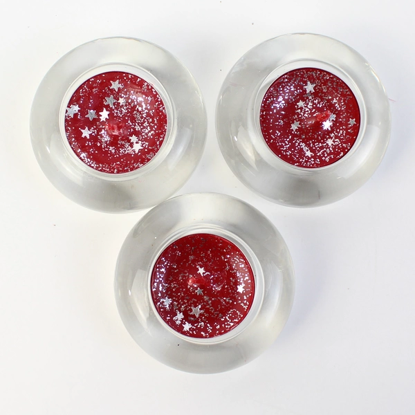 Lot Of 3 Clear Glass Tealight Candle Holders With Decorative Candles Red Glitter