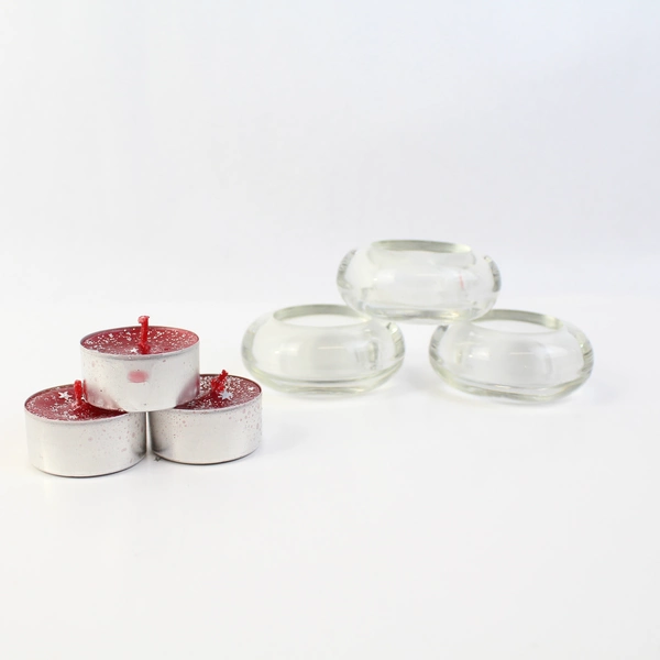 Lot Of 3 Clear Glass Tealight Candle Holders With Decorative Candles Red Glitter