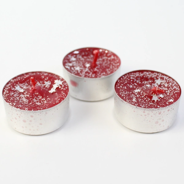 Lot Of 3 Clear Glass Tealight Candle Holders With Decorative Candles Red Glitter