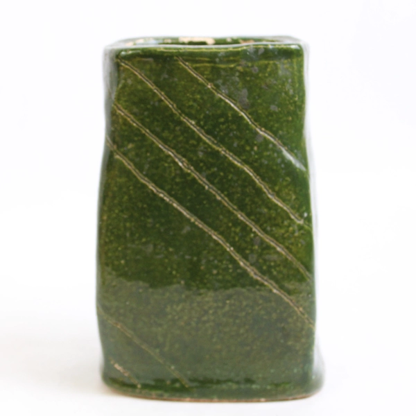 Handmade Signed Etched Green Studio Pottery Flower Vase 6"