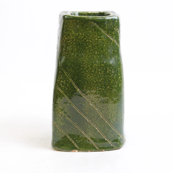 Handmade Signed Etched Green Studio Pottery Flower Vase 6"