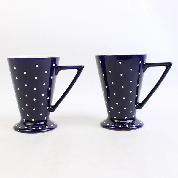 Set of 2 Footed Coffee Mugs Blue With White Polka Dots