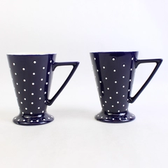 Set of 2 Footed Coffee Mugs Blue With White Polka Dots