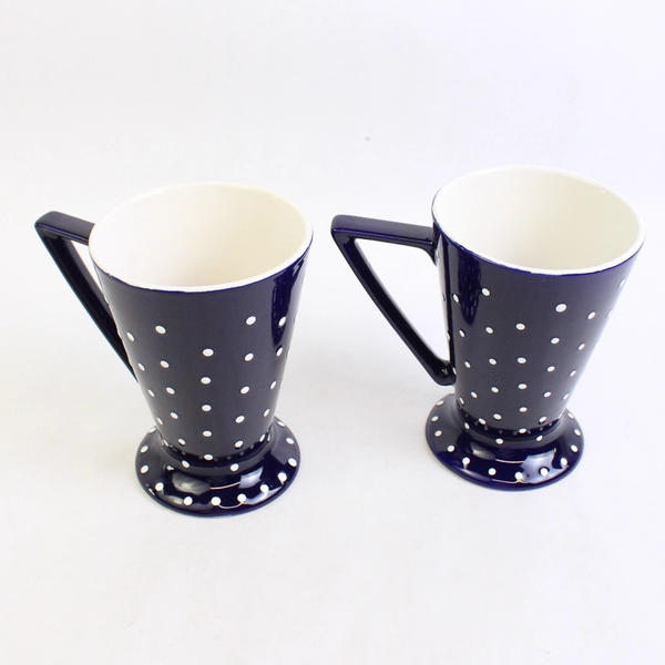 Set of 2 Footed Coffee Mugs Blue With White Polka Dots