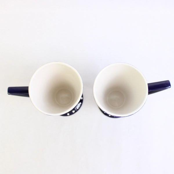 Set of 2 Footed Coffee Mugs Blue With White Polka Dots