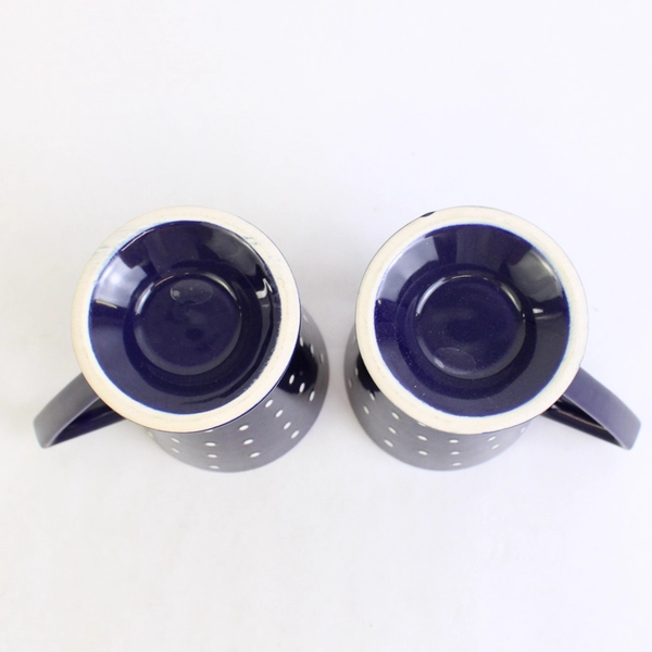 Set of 2 Footed Coffee Mugs Blue With White Polka Dots