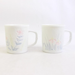 Set of 2 White Textured Ceramic Coffee Mugs Embossed Pink Flowers Blue Leaves