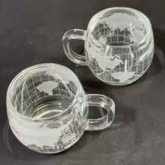 Set of 2 Vintage 1970s Nestle Etched Glass World Globe Flat Coffee Mugs 8oz