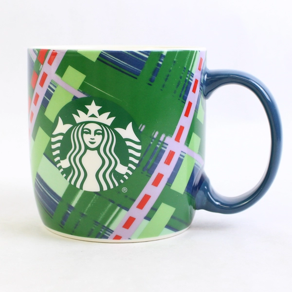 2020 Starbucks Green Coffee Mug Crisscross Lines Blue Handle Starbucks Logo