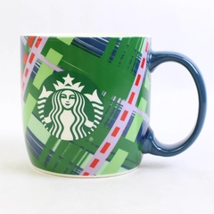 2020 Starbucks Green Coffee Mug Crisscross Lines Blue Handle Starbucks Logo