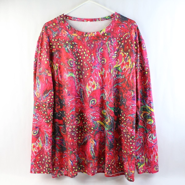 Pink Abstract Feather Design Long Sleeve Shirt Women's 2XL