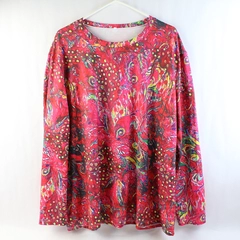 Pink Abstract Feather Design Long Sleeve Shirt Women's 2XL