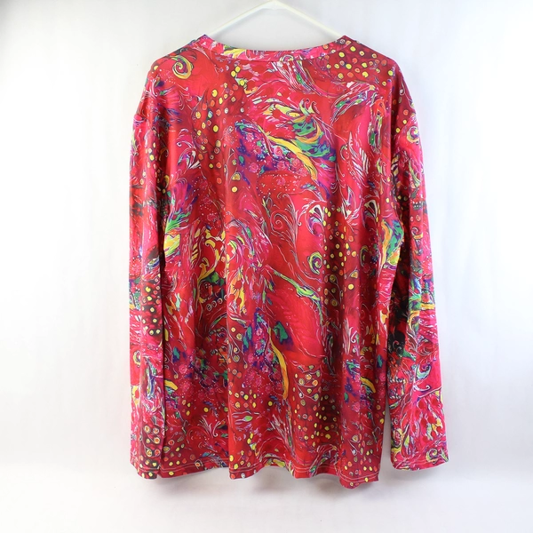 Pink Abstract Feather Design Long Sleeve Shirt Women's 2XL