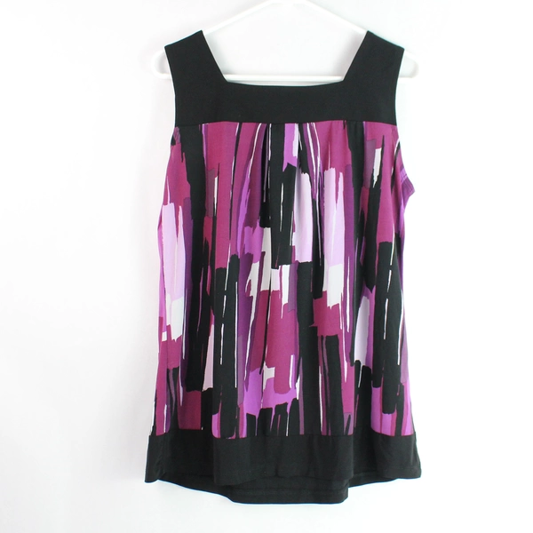 GNW Women's Purple Pattern Tank Top with Black Trim & 2 Buttons Size M