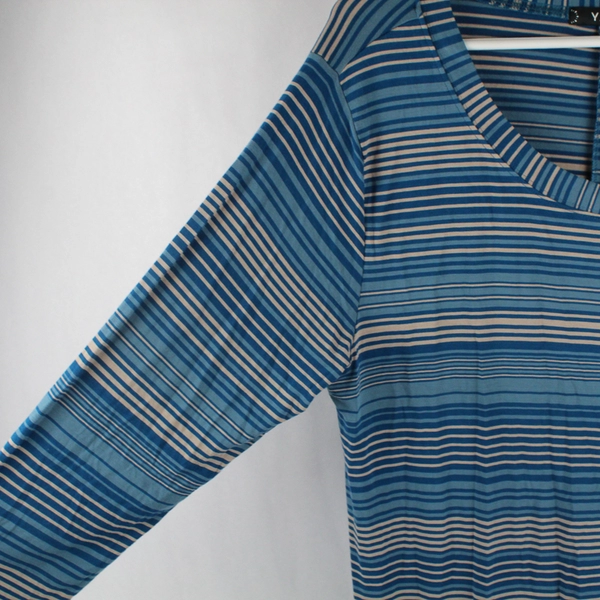 Yala Blue and Beige Striped Long-Sleeved T-Shirt Dress Women's XL