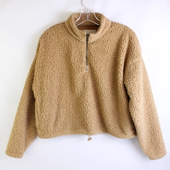 American Eagle Beige Fleece Cropped Zip-Up Jacket Women's Size Small