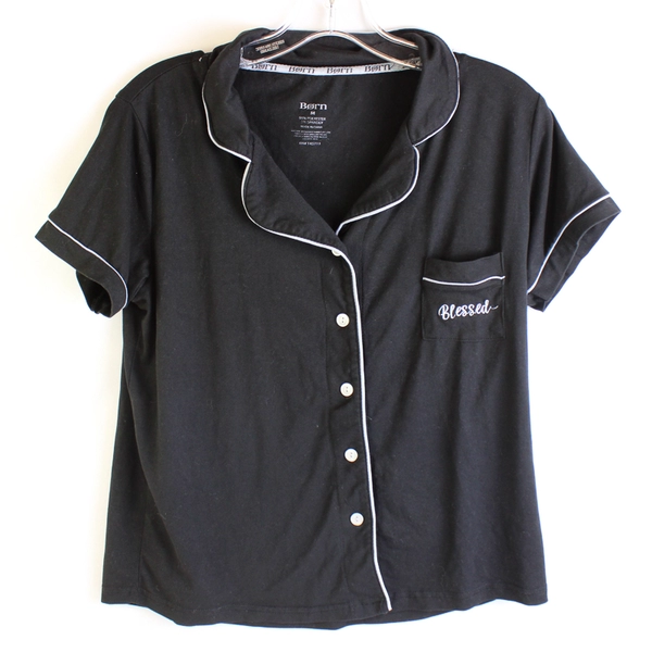Born Embroidered Black Button-Up Short-Sleeved Pajama Shirt Women's M Blessed