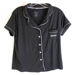 Born Embroidered Black Button-Up Short-Sleeved Pajama Shirt Women's M Blessed