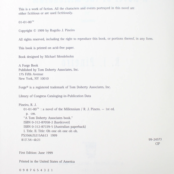 01-01-00: A Novel of the Millennium by R.J. Pineiro 1999 Hardcover