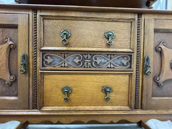 Antique Barley Twist Tiger Oak Buffet Sideboard Carved Detail Vintage Charm