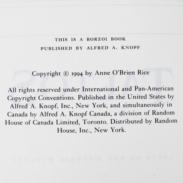 Taltos: Lives of the Mayfair Witches by Anne Rice 1994 Hardcover