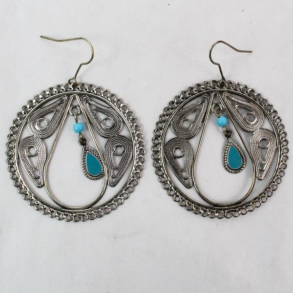 Silver-Toned Intricate Earrings with Faux Turquoise Beads, 2" Diameter