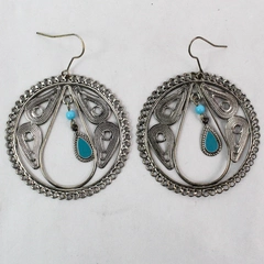 Silver-Toned Intricate Earrings with Faux Turquoise Beads, 2" Diameter