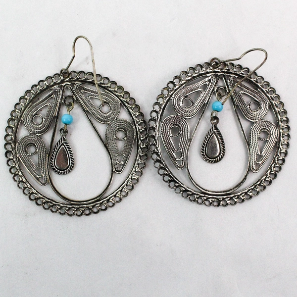 Silver-Toned Intricate Earrings with Faux Turquoise Beads, 2" Diameter