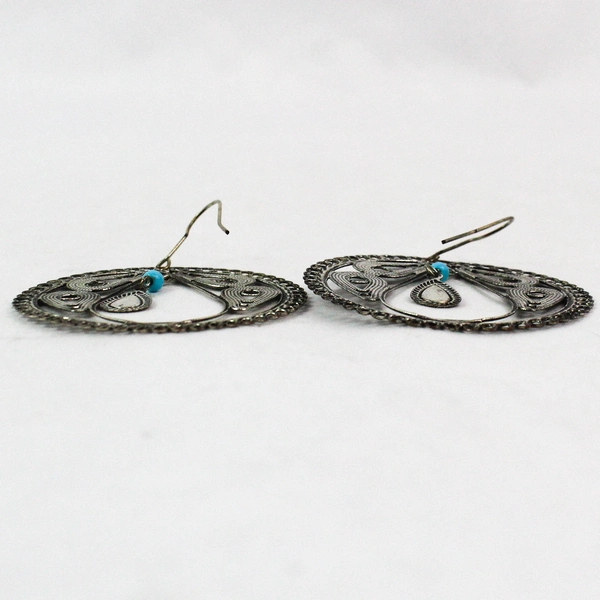Silver-Toned Intricate Earrings with Faux Turquoise Beads, 2" Diameter