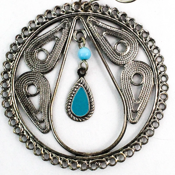 Silver-Toned Intricate Earrings with Faux Turquoise Beads, 2" Diameter