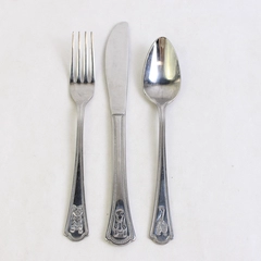 Vintage Set of 3 Children's Utensils Stainless Fork Knife Spoon Dog Cat Goose