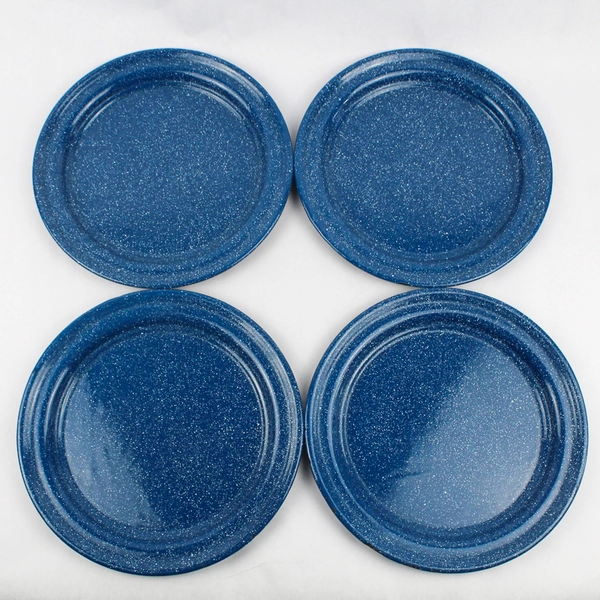Set of 4 Blue Enamelware Plates With White Speckles Camping Picnics
