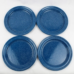Set of 4 Blue Enamelware Plates With White Speckles Camping Picnics