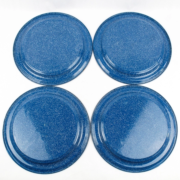 Set of 4 Blue Enamelware Plates With White Speckles Camping Picnics