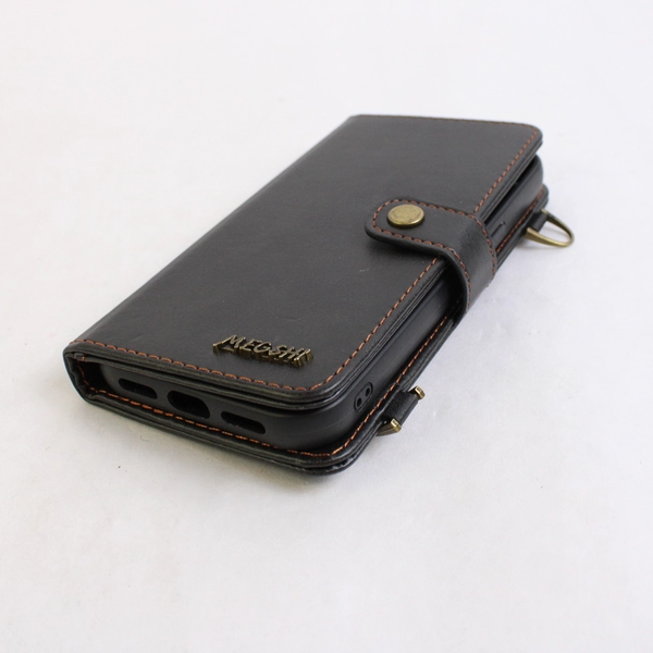 Megshi 2 In 1 Wallet Phone Case for iPhone 15 Black PU Leather NO STRAP