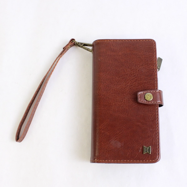2 In 1 Wallet Phone Case for iPhone 15 Brown Faux Leather Wrist Strap