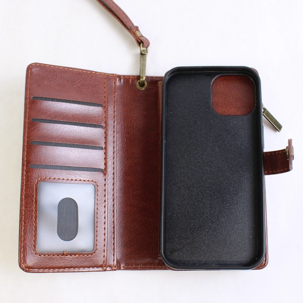 2 In 1 Wallet Phone Case for iPhone 15 Brown Faux Leather Wrist Strap