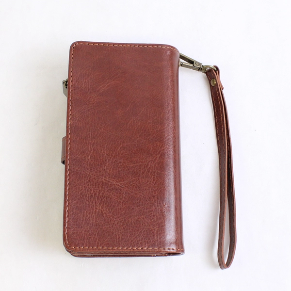 2 In 1 Wallet Phone Case for iPhone 15 Brown Faux Leather Wrist Strap