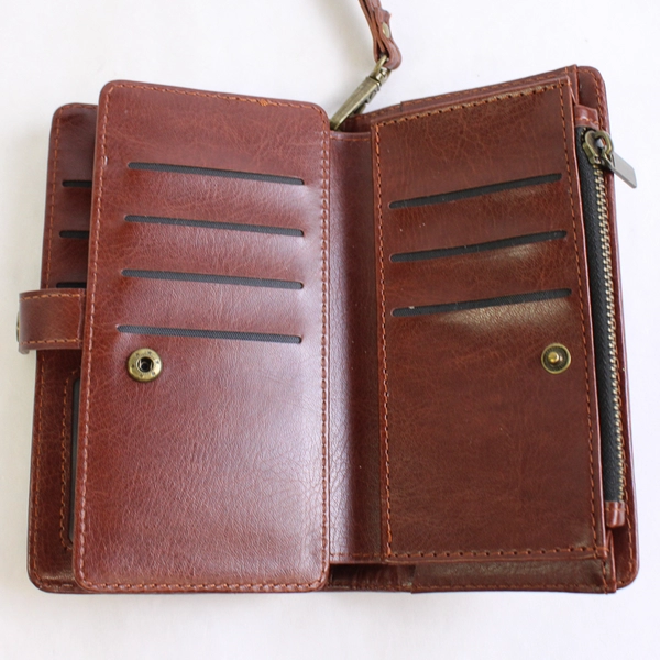 2 In 1 Wallet Phone Case for iPhone 15 Brown Faux Leather Wrist Strap