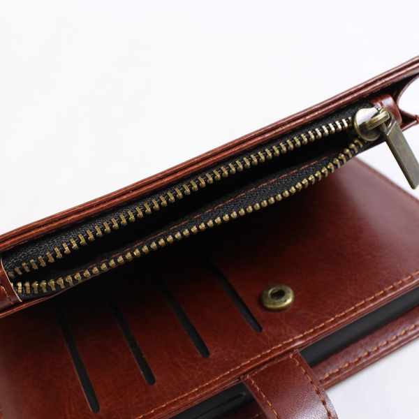 2 In 1 Wallet Phone Case for iPhone 15 Brown Faux Leather Wrist Strap