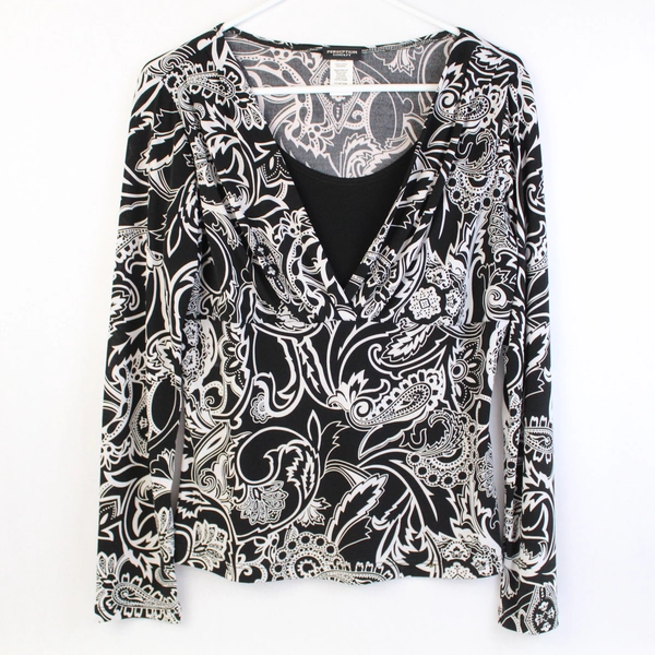 PerSeption Concept Women's Black White Paisley Pattern Blouse Size M