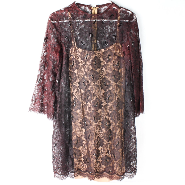 Vintage Accentique Black and Red Lace Dress With Built-in Slip Women's Medium