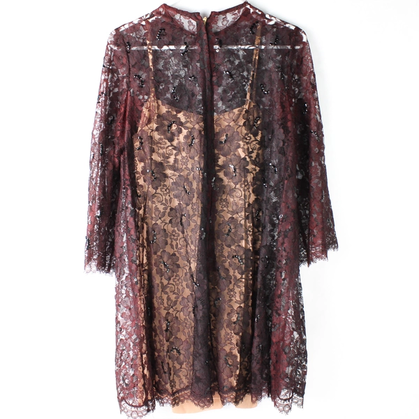 Vintage Accentique Black and Red Lace Dress With Built-in Slip Women's Medium